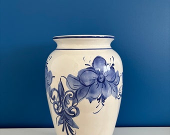 Vase vintage ceramique blanc et bleu motif floral