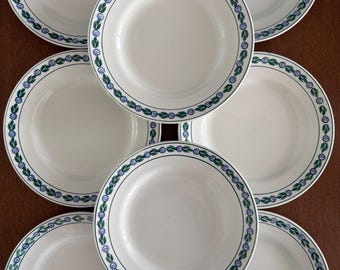 Set of 8 vintage dinner plates - St Amand earthenware, blue and green floral pattern - antique earthenware plate