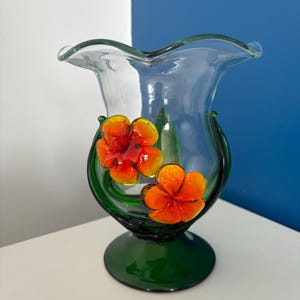 Blown glass candle holder with orange tulip neck flower, blown glass decorative vase with flower
