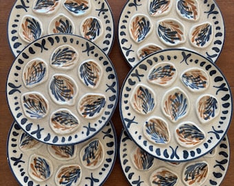 Set of 6 Vintage Ceramic Oyster Plates | Rustic Style MBFA PORNIC Made in France shell plate