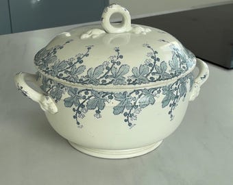 Lunéville Neva aardewerk terrine – antiek Frans aardewerk met blauwe plantaardige decoratie, vintage serviesgoed