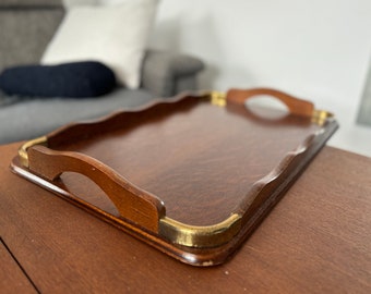 Vintage wood and brass serving tray 1960