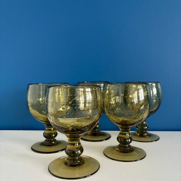 Lot de 5 Verre a pied verre bullé verrerie biot kaki Vintage coupe a glace verre bullé