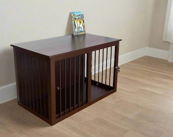 May include: A dark brown wooden dog crate with a metal wire door. The crate has a solid top and a bottom shelf. The crate is sitting on a light brown wooden floor.