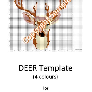 May include: A deer template for Fair Isle knitting, tapestry, and cross stitch. The design features a deer head with antlers in shades of brown and cream, set against a grid background. The text "DEER Template (4 colours)" is displayed below.