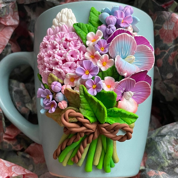 Tasse personnalisée en argile polymère, cadeau parfait, unique, fleurs décorées, faites à la main, personnalisées, thé, tasses à café, fleurs, pivoines