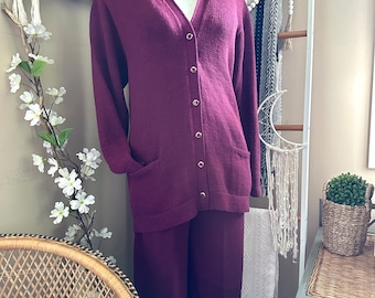 Vintage Marie St John Knit Burgundy 2 Piece Cardigan Pant Set