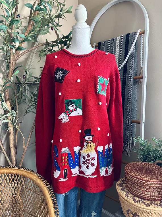 Vintage 90s Holiday Editions Christmas Whimsical Snowman Ugly Sweater