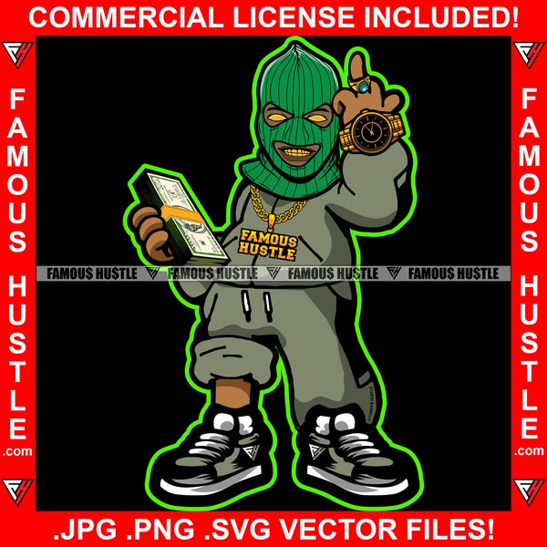 Gangster Black Man Middle Finger Ski Mask Gold Teeth Eyes Jewelry Cash Money Hip Hop Rap Trap Trapper Hustle Thug Art Logo JPG PNG SVG File