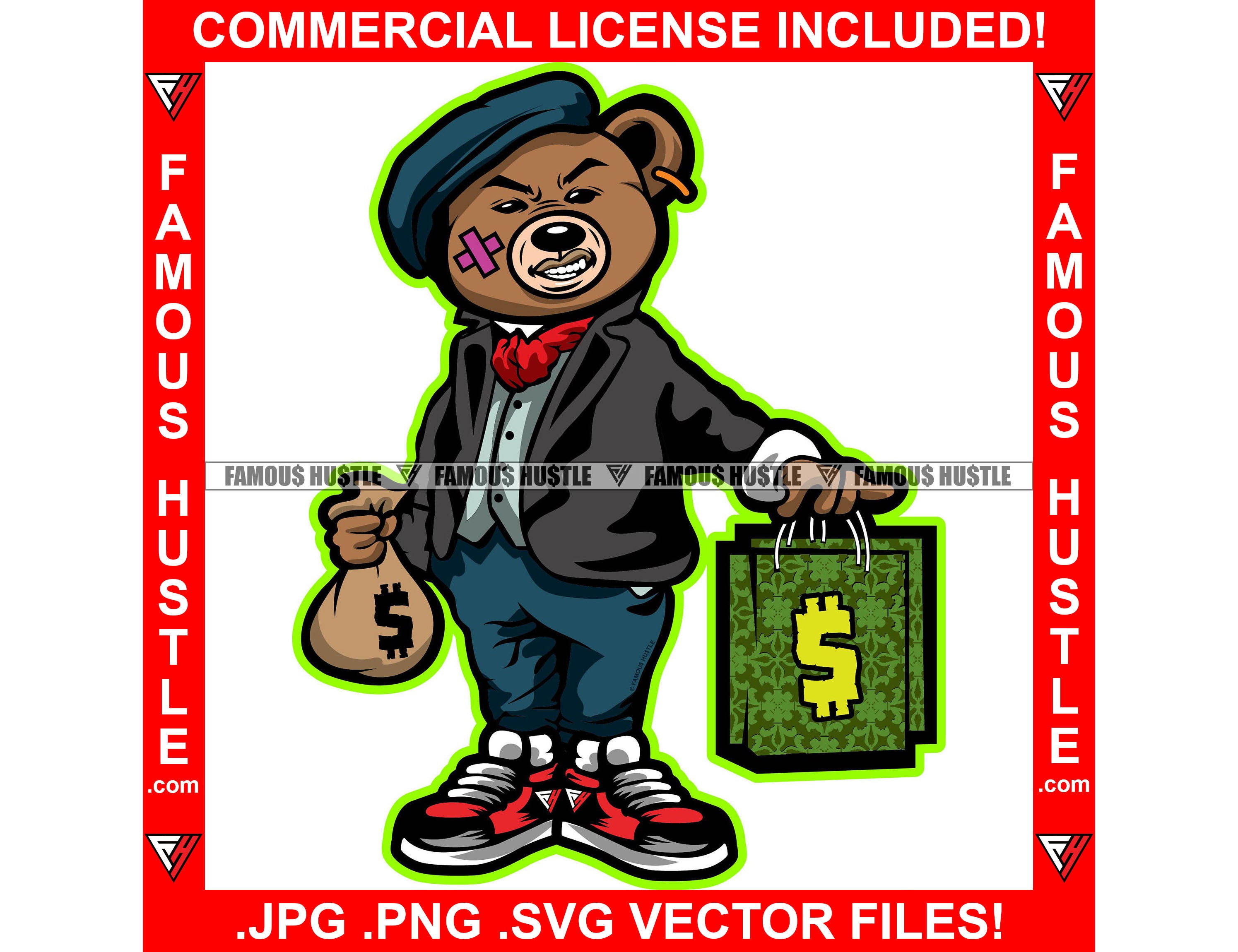 Gangster Teddy Bear King Money Bag Rich Savage Hip Hop Rap Rapper Cartoon  Drawstring Bag
