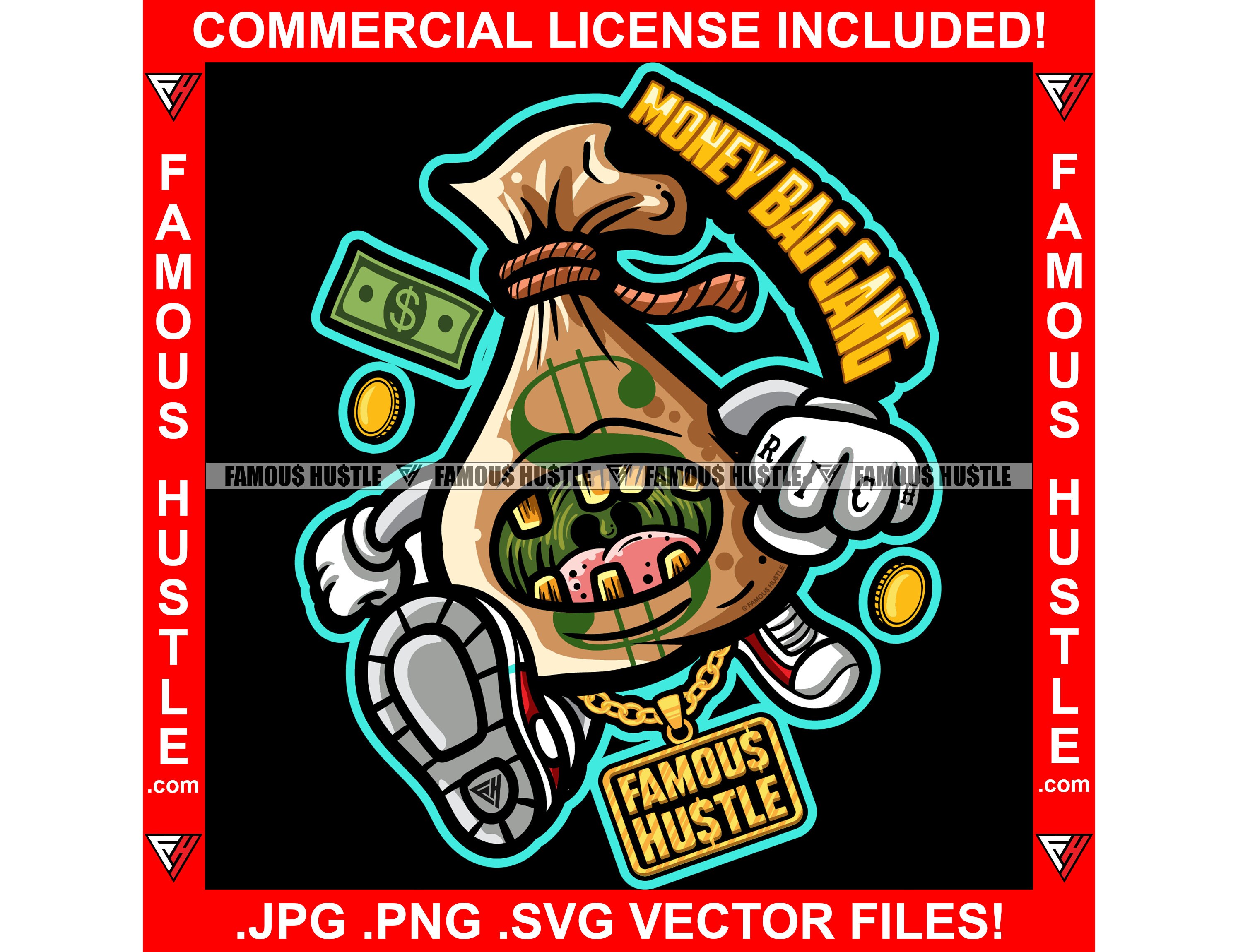 Money Bag Gang Running Dollar Sign Gold Teeth Necklace Rich Fist Tattoo ...