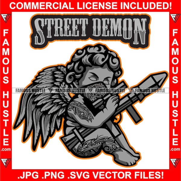 Street Demon Gangster Statue Angel Wings Wearing Bandana Holding Rocket Launcher Tattoo Hip Hop Rap Rapper Street Quote Art Logo JPG PNG SVG