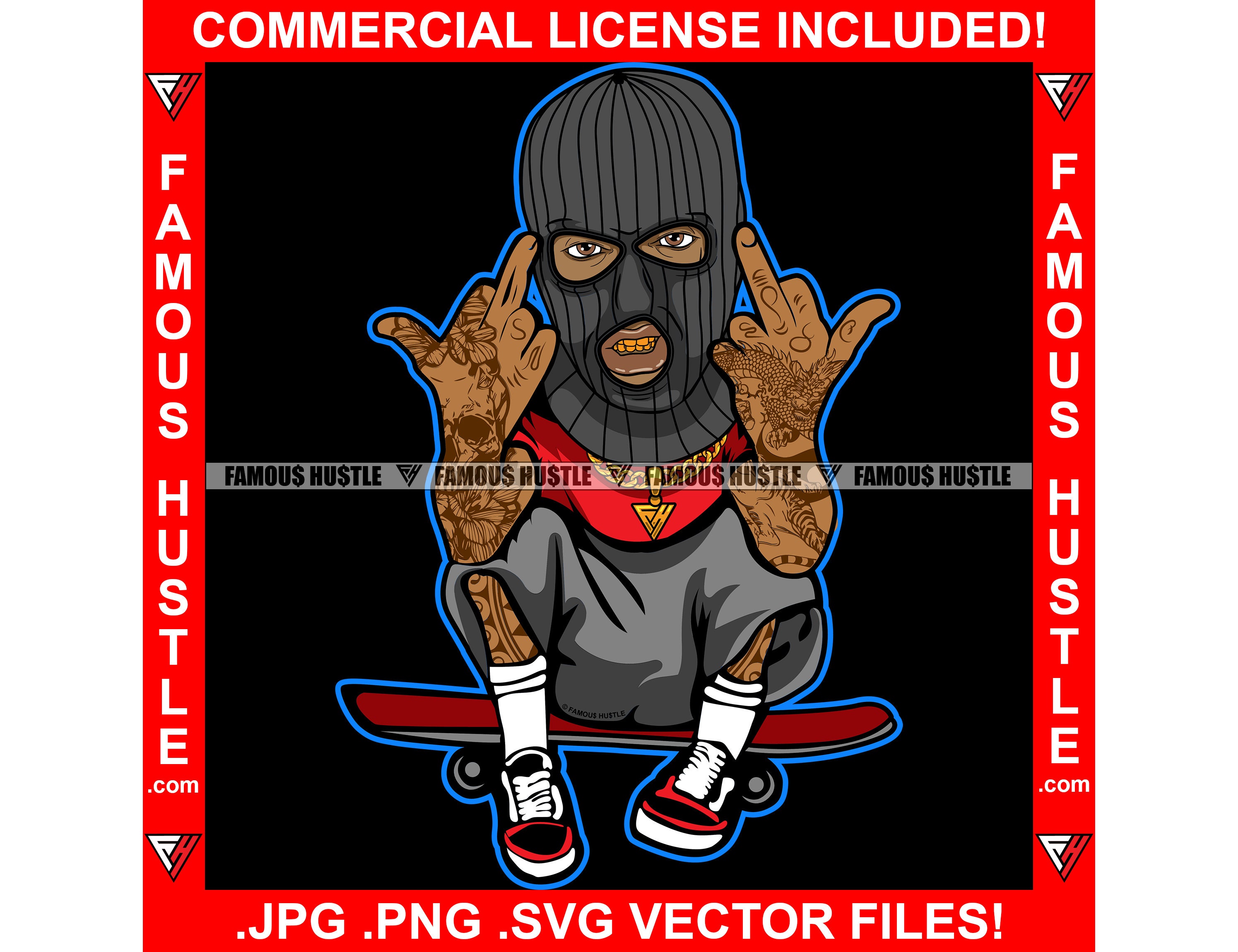 Gangster Black Male Giving Middle Finger up Ski Mask Gold Teeth on