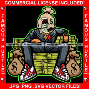 Money Bag Hustler Gold Chain Suit Sitting on Cash Stack Rapper Hustle ...