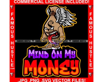 Mind On Money Hustle Gangster Money Bag Angel Wings Tongue Out Purple Drink Dripping Hip Hop Rap Rapper Plug Mob Tattoo Art Logo JPG PNG SVG