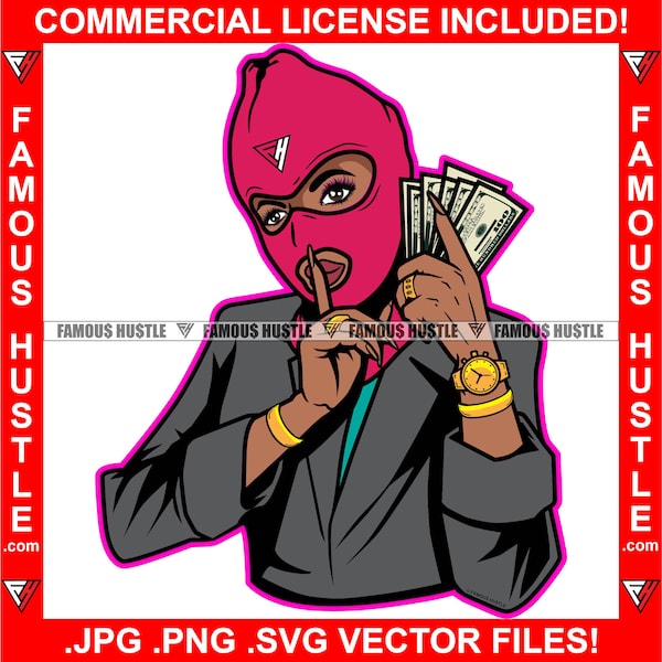 Hustle Gangster Boss Lady Money Stack Phone Shhh Finger Ski Mask Business Suit Trap Woman Female Girl Plug Thug Tattoo Art Logo JPG PNG SVG