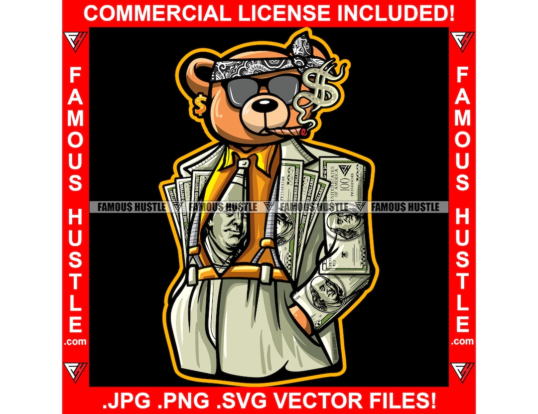 Gangster Hustle Teddy Bear Bandanna Smoking Cigar Wearing Money Suit ...