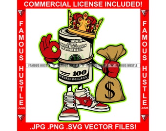 Money Roll King Holding Bag Stack Cash Gangster Rich Hood Trap Mafia Boss Hip Hop Rap Rapper Hustling Flex Tattoo Art Logo JPG PNG SVG File