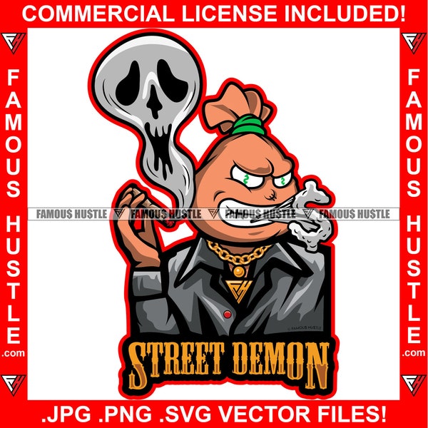 Street Demon Gangster Money Bag Head Fumar cigarro Humo Signo de dólar Trampa Trapper Savage Plug Mafia Boss Mob Tattoo Art Logo JPG PNG SVG