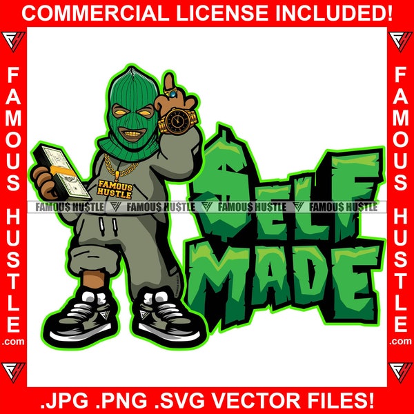 Self Made Gangster Black Man Middle Finger Ski Mask Gold Teeth Eye Jewelry Cash Money Hip Hop Rap Trap Hustle Hood Art Logo JPG PNG SVG File