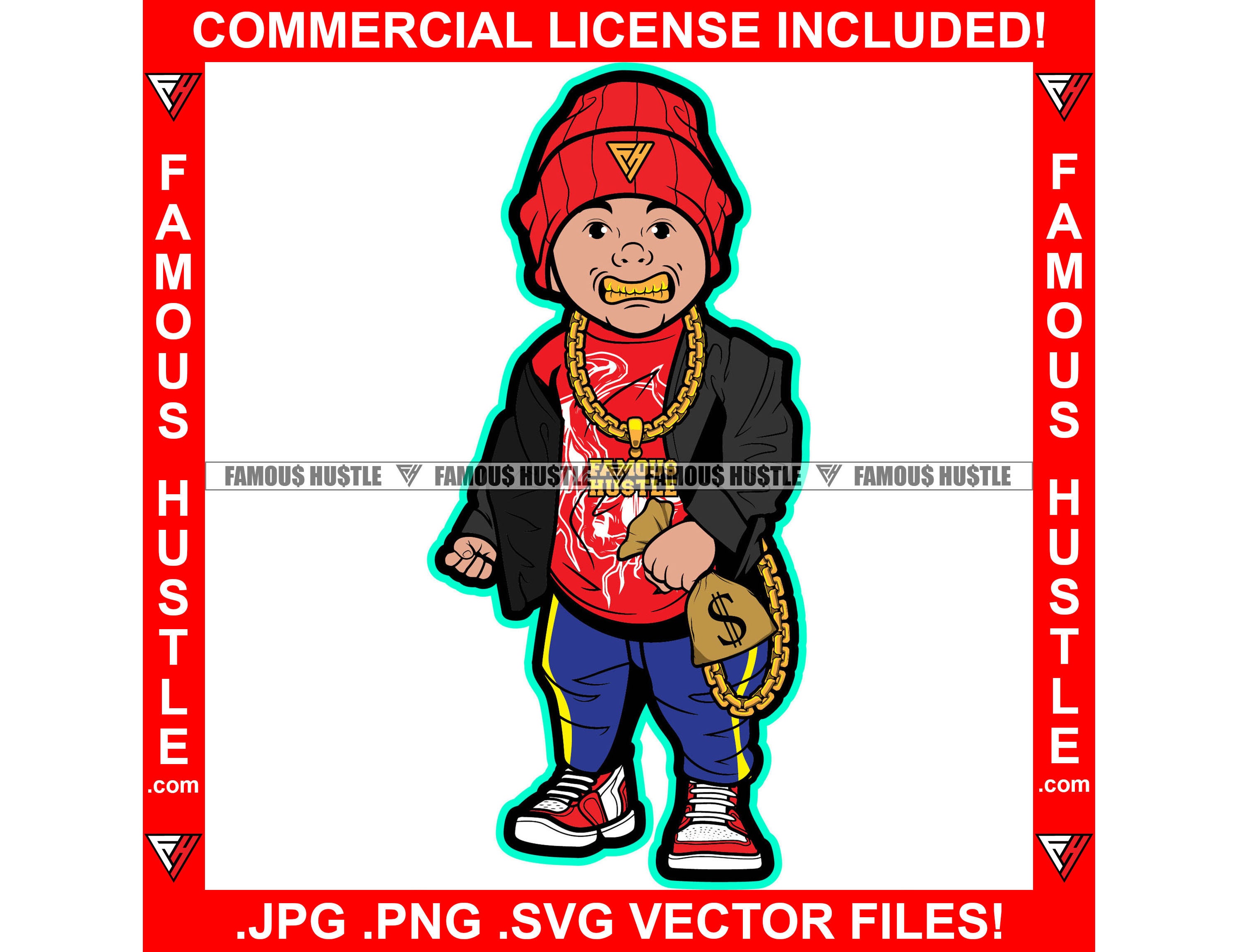 Hustle Gangster Baby Boy Cash Money Bag Hat Cap Gold Teeth Chain