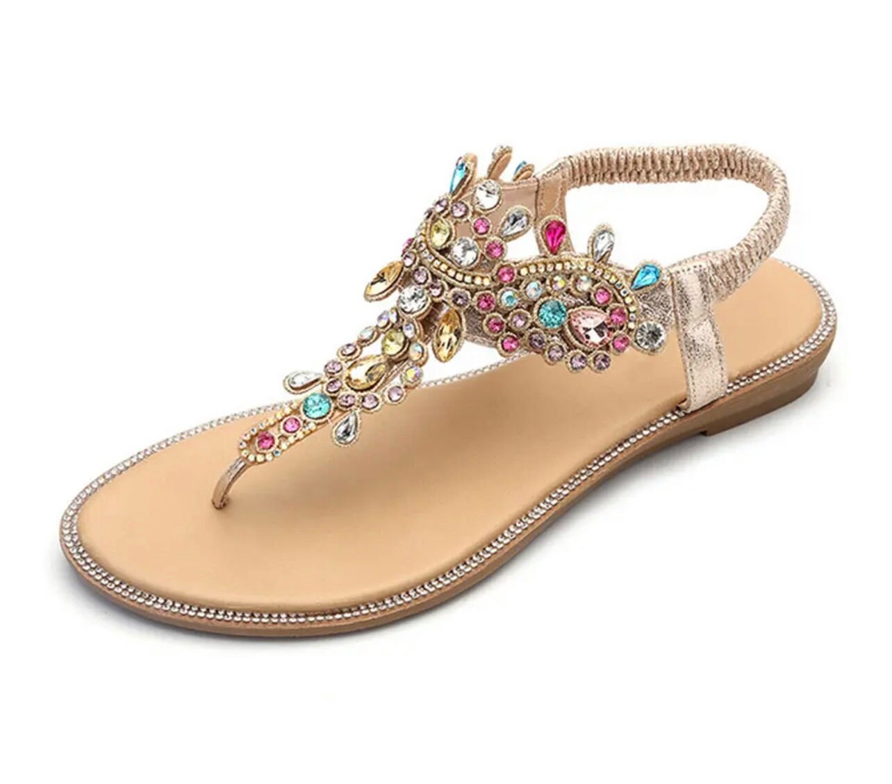 rhinestone t strap flat sandals