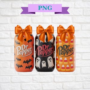 May include: Three Halloween-themed Dr. Pepper cans with orange bows. One can features bats, another ghosts, and the third candy corn. The cans have the Dr. Pepper logo and are set against a white brick wall.