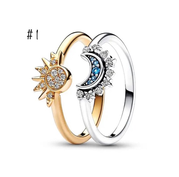 Celestial Sun and Moon Ring Set, Sparkling Sun Ring/Blue Moon Ring with 14K Gold/Silver Plating, Friendship Promise Ring, Stackable Celestial Rings