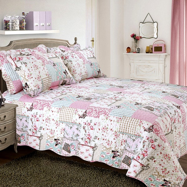 Quilted Pink Floral Boutique Bedspread Comforter Throwover & Pillowsham Set - Perfect for Summer