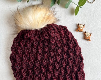 Burgundy Women’s Knitted Hat, Marley Beanie with Faux Fur Pom Pom