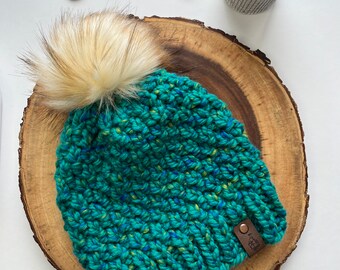 Green Knitted Wool Blend Hat, Women’s Knitted Hat, Linden Hat with Faux Fur Pom Pom