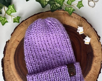 Luxury Purple Merino Wool Knitted Hat, Folded Brim Beanie, 100% Merino Wool Beanie, Women’s Hat