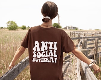 Camisa antisocial, top de mariposa, camiseta antisocial, camiseta antisocial, mariposa antisocial, retro, Y2K, estampado de espalda Groovy