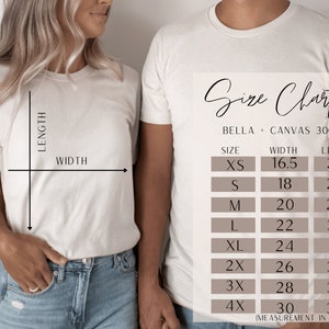 May include: Size chart for Bella + Canvas 3001 t-shirts, showing measurements in inches for width and length. Sizes include XS, S, M, L, XL, 2X, 3X, and 4X.