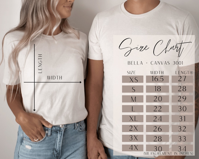 May include: Size chart for Bella + Canvas 3001 t-shirts, showing measurements in inches for width and length. Sizes include XS, S, M, L, XL, 2X, 3X, and 4X.