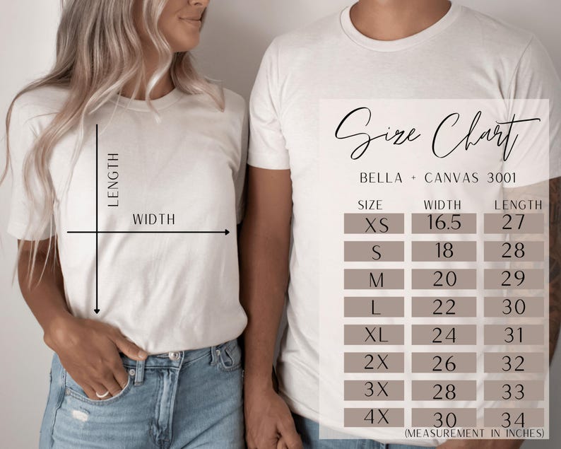 Puede incluir: Una tabla de tallas para camisetas Bella + Canvas 3001, con medidas en pulgadas. La tabla incluye tallas XS a 4X, con medidas correspondientes de ancho y largo. La imagen muestra la camiseta en dos personas.