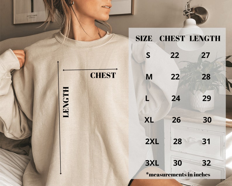 May include: Size chart for a sweatshirt with measurements in inches for chest and length. Sizes include S, M, L, XL, 2XL, and 3XL.