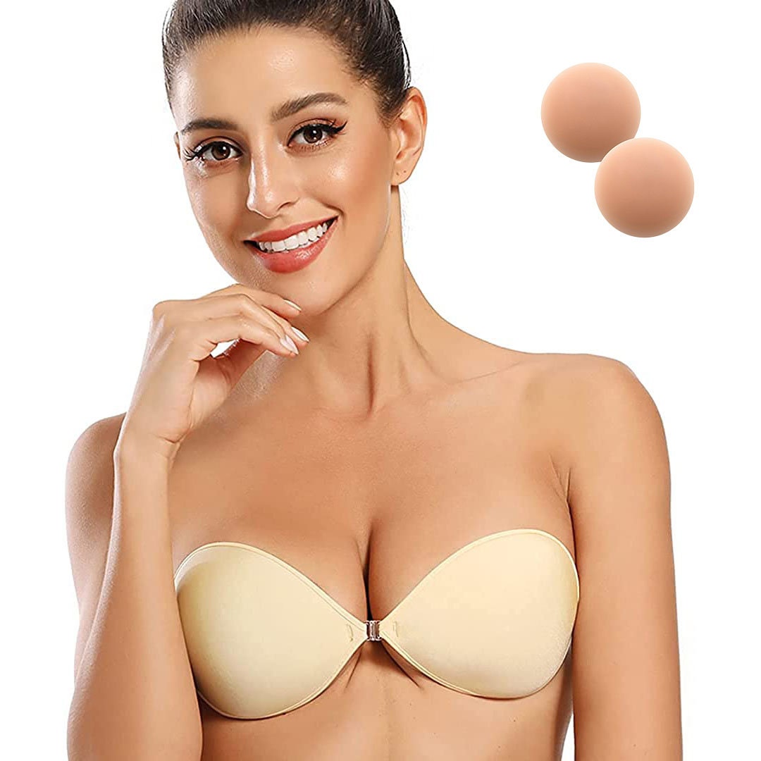 2 Pairs Black and Beige AOKE Adhesive Bra Sticky Push up Bra Invisible Strapless Bras for Women 