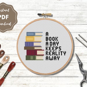 A Book A Day | book lover | bibliophile | reader | Book cross stitch | PDF Digital Download | Printable Cross Stitch Pattern