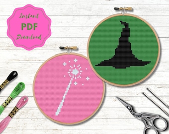 Paquete de patrones de punto de cruz de la Bruja Malvada / Elphaba, Glinda (Descarga digital en PDF)