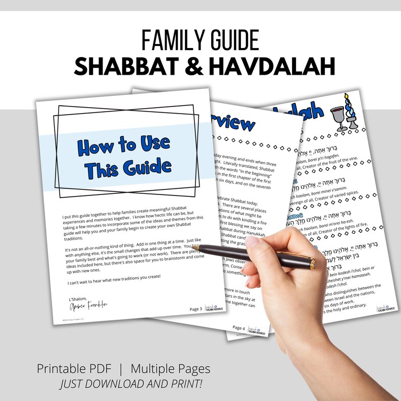 Pu&ograve; includere: Una guida stampabile per le famiglie per celebrare Shabbat e Havdalah. La guida include istruzioni su come utilizzare la guida, una descrizione di Shabbat e Havdalah e una sezione su come creare le proprie tradizioni. La guida &egrave; scritta in inglese ed ebraico.