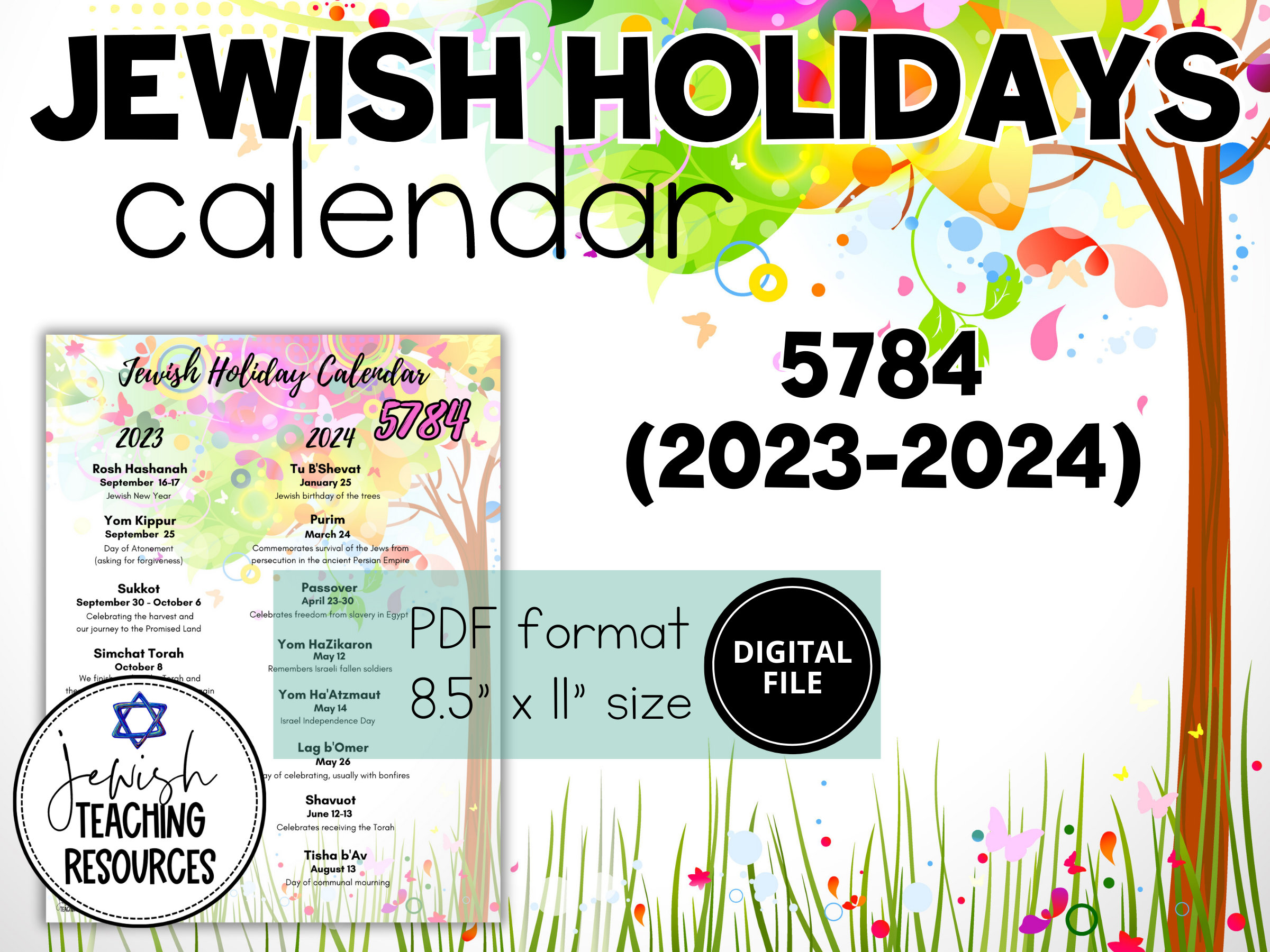 Jewish Holiday Calendar 20232024 Hebrew Calendar (Instant Download) Etsy