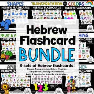 Hebrew Flashcard BUNDLE | Colors, Numbers, Animals, Shapes, Fruits/Veggies, Weather, Emotions, Clothing & Accessories, Transportation