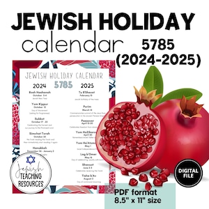 Jewish Holiday Calendar 2024-2025, Hebrew Calendar 5785, Rosh Hashanah, Hanukkah, Chanukah, Passover, Pomegranate, printable