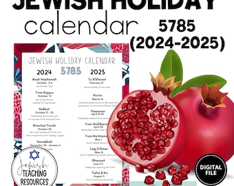 Jewish Holiday Calendar 2024-2025, Hebrew Calendar 5785, Rosh Hashanah, Hanukkah, Chanukah, Passover, Pomegranate, printable