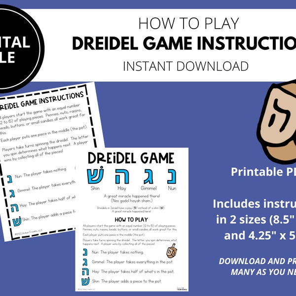 Dreidel Game Instructions | Jewish Games | Hanukkah Games | Hebrew School | Jewish Teacher | Jewish Family | Chanukah | Jewish Printable