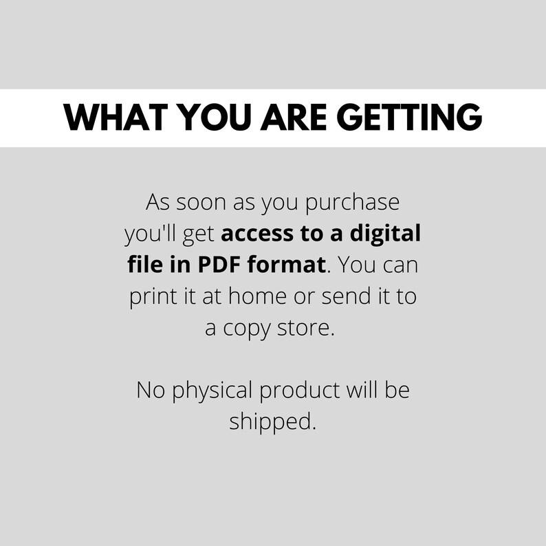Pu&ograve; includere: Testo su sfondo bianco che recita "WHAT YOU ARE GETTING" seguito da un paragrafo che spiega che l'acquisto &egrave; per un file digitale in formato PDF. Il testo afferma anche che non verr&agrave; spedito alcun prodotto fisico.
