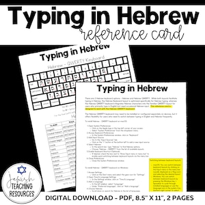 Digitação em hebraico, teclado QWERTY hebraico, alfabeto e vogais hebraicos, folha de referência, escola hebraica, escola dominical, judaico