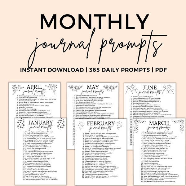 365 Journal Prompts Printable, Monthly Journal Prompts, Daily Prompts Journal, Shadow Work Journaling Prompts, Writing Prompts, PDF