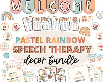 Decoração de sala de aula de terapia de fala de arco-íris pastel, pacote de decoração de fala e linguagem, decoração de escritório de fala, decoração de fala para sala de aula e escritório